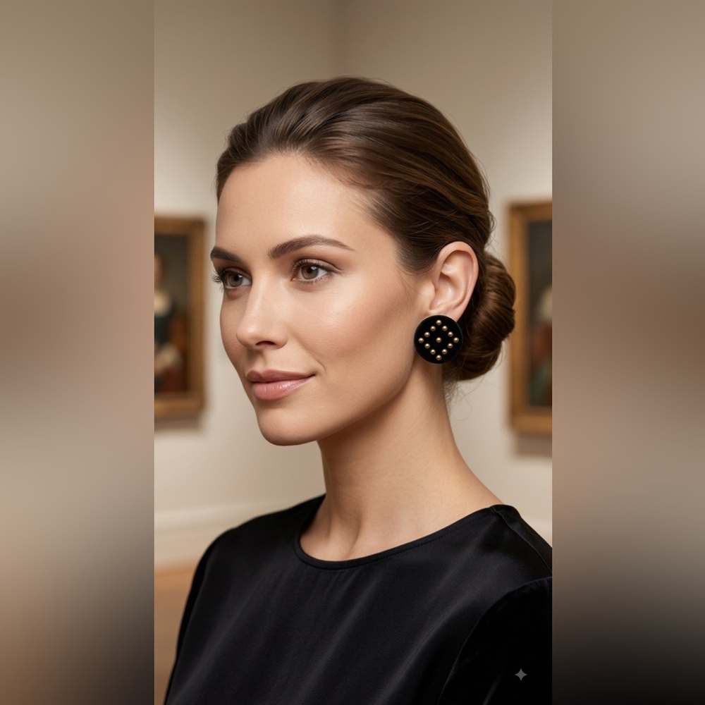 Vintage Clip on earrings circle shaped black velvet with golden 3D details